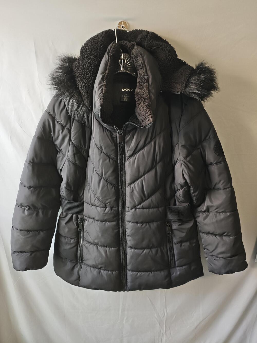 DKNY Jacket Womens XL Quilted Puffer Faux Fur Hood Sherpa Lined Warm Winter